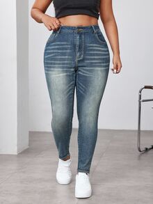 SHEIN EZwear 大尺碼女款口袋修身休閒百搭牛仔褲 - 藍色 - 查看 4