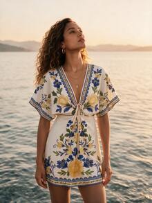 CAJUNI Women's Floral Print Tie-Up Vacation Dress For Beach Vacation Blue Floral Summer Tropical Boho - Blue - View 3
