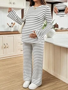 SHEIN 孕婦條紋長袖上衣與可調腰長褲休閒日常兩件套 - 黑與白 - 查看 3