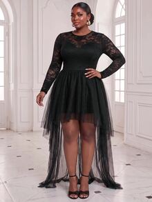 Slaydiva Plus Size Tulle Dress, Black Sheer Lace Long Sleeve High Low Ruffle Hem Prom Gown Fall - Black - View 7