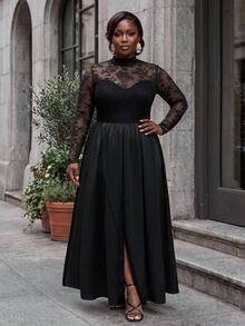 Slaydiva Plus Size Formal Gown, Black Lace Mesh Long Sleeve High Neck Split Satin Maxi Dress - Black - View 9