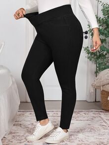 EMERY ROSE EMERY ROSE Plus Size Asymmetrical Waist Casual Daily Wear Denim Jeans,V-Crossover Waist,High-Waisted Jeggings,Workwear Pants,High-Waisted Jeggings,Halloween,Chri - Black - View 5