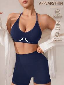 Slayform Slayform Women's Solid Color Halter Neck Daily Fitness Sports Bra (Seamless) - Navy Blue - View 1