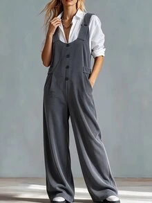 SHEIN Women's Casual Corduroy Long With Adjustable Waist, Loose Fit Jumpsuit For Autumn/Winter, Daily Commute And Outing - Grey - View 5