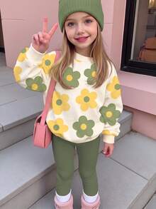 Kids Young Girl Casual Crew Neck Long Sleeve Sweatshirt & Leggings 2pcs Set, Suitable For Autumn/Winter - Multicolor - View 2