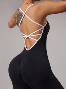 Slayform H1194 Grey White Seamless Sports Jumpsuit - Black - View 2