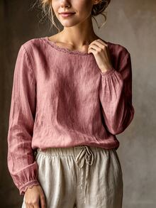 SHEIN 女款休閒優雅淺米色圓領蕾絲飾邊極簡通勤百搭日常襯衫 - 西瓜粉 - 查看 5