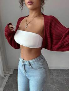 SHEIN Raffinéa 女款素色長袖短版開襟衫 - 酒紅色 - 查看 3