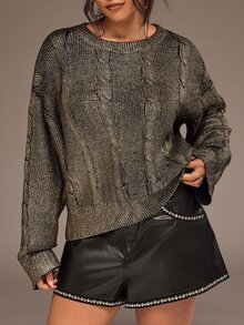 Freevana Plus Size Women's Vintage Cable Knit Gold Foil Design Long Sleeve Loose Fit Sweater - Black - View 1