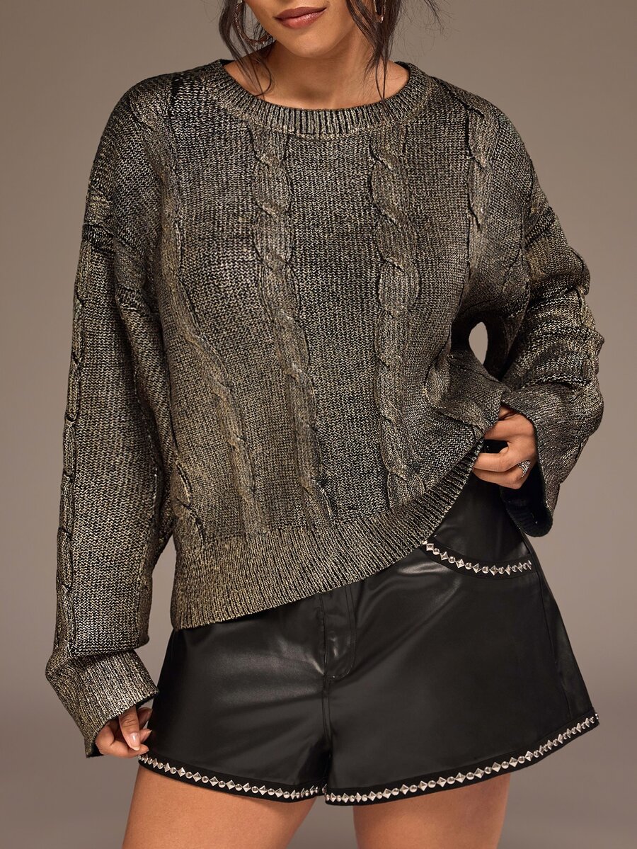 Freevana Plus Size Women's Vintage Cable Knit Gold Foil Design Long Sleeve Loose Fit Sweater - Black - View 1
