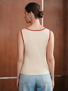 Anewsta Women's Contrast Color Double Layer Design Knit Top, Elegant Casual Versatile Slim Fit Fashion Vest - Apricot - View 2