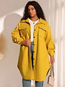 EMERY ROSE Plus Size Women Autumn/Winter Casual Vacation Country Solid Color Yellow Blouse Jacket With Pockets, Fall,Going Out,Business,Formal - Yellow - View 1