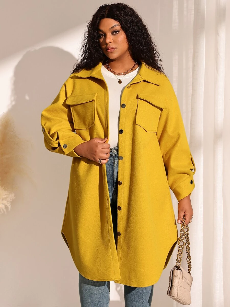 EMERY ROSE Plus Size Women Autumn/Winter Casual Vacation Country Solid Color Yellow Blouse Jacket With Pockets, Fall,Going Out,Business,Formal - Yellow - View 1