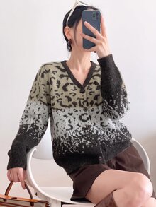 Mulvari Women's Lazy Leopard Print Jacquard Long Sleeve Cardigan Sweater, Autumn/Winter Leopard Print Fall/Winter Going Out - Coffee Brown - View 3