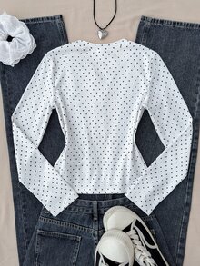 Girlism 兒童青少年女孩秋季波點滿版彩色休閒街頭風返校修身長袖T恤，適合日常時尚穿搭 - 白色 - 查看 2