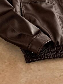 EASEVO Men's Plus Size Fashion Solid Color PU Leather Zipper Front Cargo Pocket Jacket , Beach Vacation Dark Brown Autumn Street Casual, Big And Tall Jacket - Brown - View 5