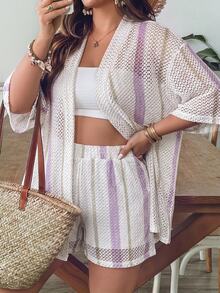 SHEIN VCAY Plus Size Women's Blue & White Striped Knit Shirt & Shorts 2 Pieces Set, Summer Vacation - Multicolor - View 6