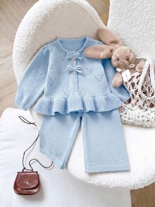SHEIN Baby Girls Sweater Co-Ords, Pullover Round Neck Knitted Long Sleeve Cardigan, Pink Solid Color, Versatile Fashionable + Knitted Flared Long Pants, Suitable For Autumn/Winter, 2 Pieces Set, Versatile, Suitable For Outings, Travel, School - Baby Blue - View 1