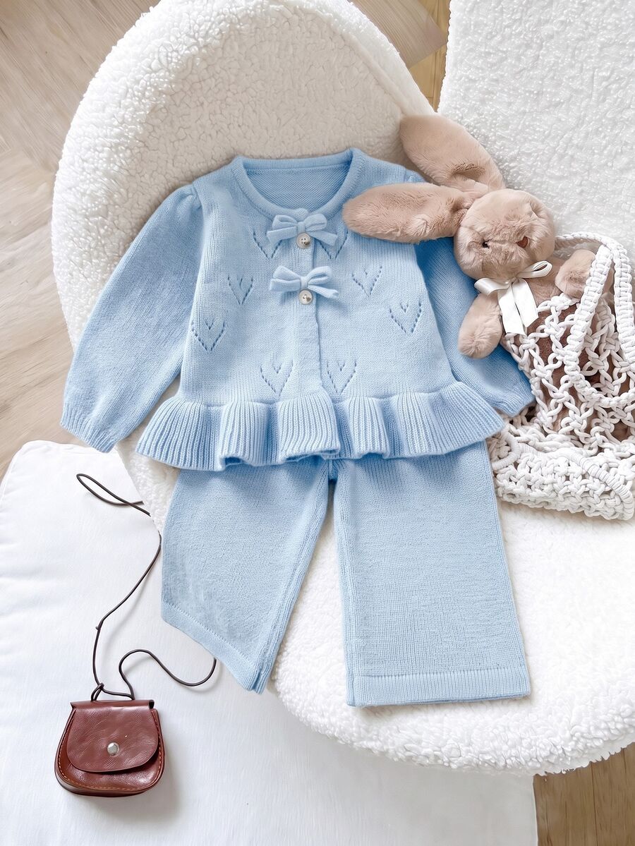 SHEIN Baby Girls Sweater Co-Ords, Pullover Round Neck Knitted Long Sleeve Cardigan, Pink Solid Color, Versatile Fashionable + Knitted Flared Long Pants, Suitable For Autumn/Winter, 2 Pieces Set, Versatile, Suitable For Outings, Travel, School - Baby Blue - View 1