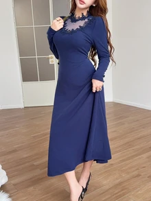 Feyla Gaun Midi Wanita Elegan, Dewasa, Cocok untuk Acara Komuter, Makan Malam, Koktail, Kencan, dengan Patchwork Renda, Warna Biru Tua, Musim Gugur - Royal Blue - View 2
