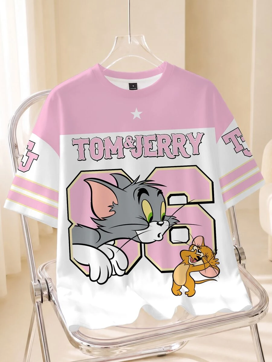 TOM & JERRY X SHEIN Women's Cute Cartoon Pattern Print Round Neck Short Sleeve T-Shirt - White - View 1