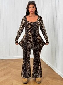 SHEIN EZwear Plus Size Fashion Leopard Print Jumpsuit - Multicolor - View 4