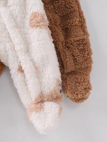 2pcs Newborn Home Romper Set, Soft Cotton Fleece, Hooded Design, Front Zipper For Easy Dressing, Full Foot Coverage, Bear Print + Plush Jacquard, Home & Outdoor Wear, 2 Colors Available - Multicolor - View 3