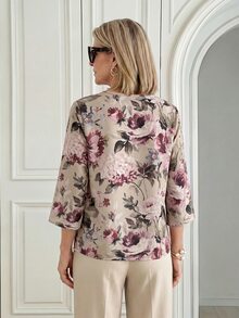 Miaspire Blus för medelålders kvinnor med blommönster, plisserad design och 3/4-ärm - Multifärgad - Visa 2