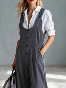SHEIN Women's Casual Corduroy Long With Adjustable Waist, Loose Fit Jumpsuit For Autumn/Winter, Daily Commute And Outing - Grey - View 7