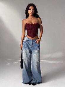 SHEIN PETITE 夏季海灘度假純色蕾絲內衣上衣，適合日常約會、夜晚外出 - 中紫紅色 - 查看 8