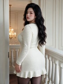 Vibekara French Elegant Style Tweed Plaid Long Sleeve Mini Dress, Black Contrast Pocket Pearl Button Rich Girl Dress Fall - Apricot - View 5