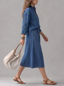 SHEIN Casual Denim Daily Wear Washed Comfortable Flattering Versatile Classic Denim Top For Women - Medium Wash - View 3