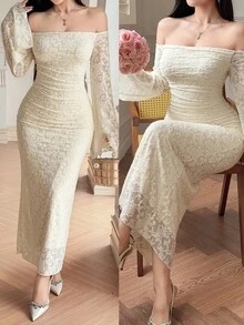 DAZY Women's Sweet & Sexy Lace Off-Shoulder Dress For Wedding And Party - White - View 10
