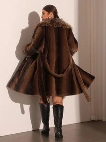Cravure Plus Size Long Fur Patchwork Short Fur Large Lapel Long Sleeve Waist Tie Structure Long Faux Fur Coat Elegant Outing Date Party Evening Coat Winter - Brown - View 2