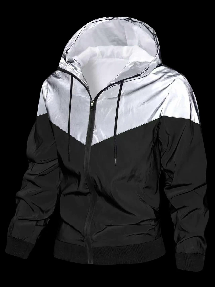 Manfinity Homme Men's Reflective Patchwork Fluorescent Drawstring Hooded Jacket - Black - View 1