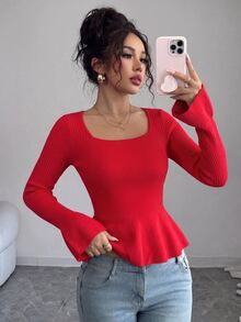 SHEIN Raffinéa Women's Solid Color Square Neck Long Sleeve Ruffle Hem Fashion Sweater Dinner Going Out Red Autumn Sexy - Red - View 5