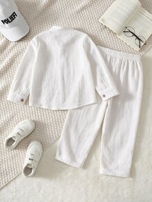 SHEIN 兒童小男孩學院風刺繡Logo立領長袖上衣/長褲套裝 - 彩色 - 查看 2