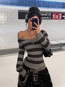 SHEIN HypeZone Minimalist Grunge Street Style Women's Autumn/Winter Grey Plaid V-Neck Long Sleeve Striped Cable Knit Slim Fit Sweater Top Night Out - Grey - View 4