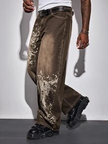 ROMWE MEN Casual بنطلون جينز رجالي مقاس كبير بنمط متقاطع وجيوب وساق واسعة فضفاض كاجوال - لون نحاسي - مشاهدة 5
