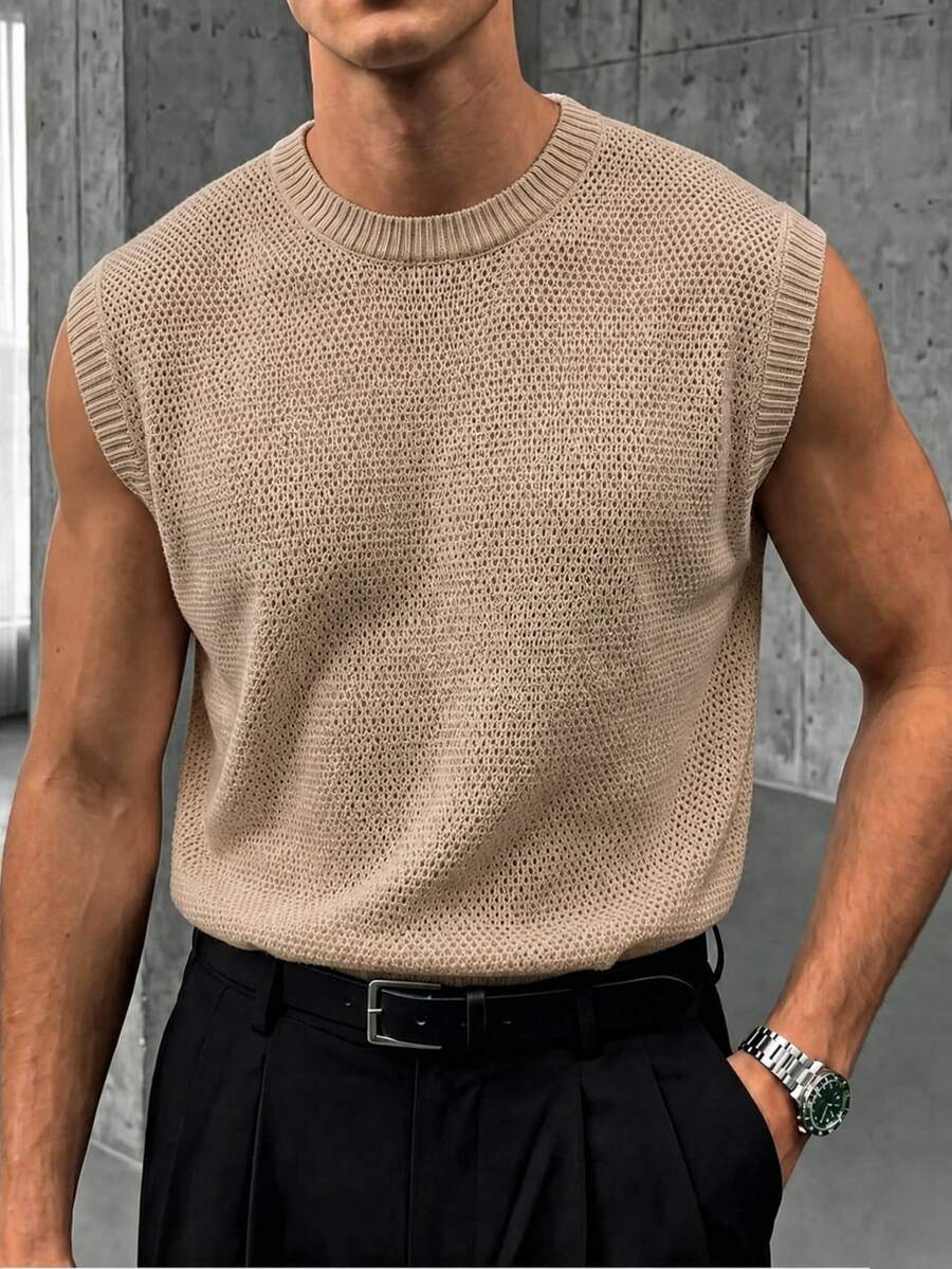 Manfinity Homme Men's Solid Color Crew Neck Casual Versatile Knit Vest - Khaki - View 1