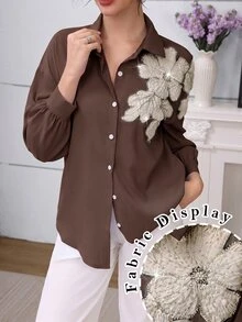 Modelyn 女款花卉圖案休閒日常穿著襯衫 - 巧克力棕 - 查看 6