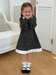 Dazy Kids Young Girl) Waist-Cinching Long Sleeve Contrast Color Lapel Princess Bow Decor Elegant Autumn Dress - Black - View 8