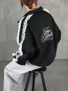FRIFUL Women's Autumn Contrast Color Frill Trim Regular Jacket - Black - View 8