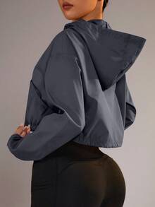 Dewbera Dewbera Women's Zipper Drawstring Hem Hooded Sports Jacket - Dark Grey - View 2