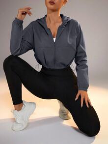 Dewbera Dewbera Women's Zipper Drawstring Hem Hooded Sports Jacket - Dark Grey - View 5