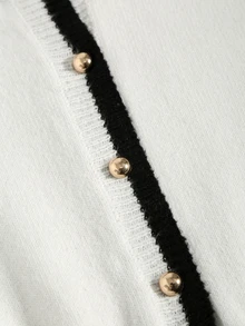 GlowEve CURVE Plus Size Button Striped Colorblock Ruffle Knit Cardigan - White - View 6