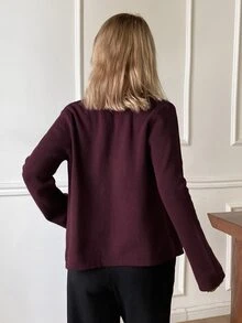 DAZY Women's Solid Color Long Sleeve Open Front Knit Cardigan And Button Design Halter Neck Knit Top Set - Red Violet - View 2