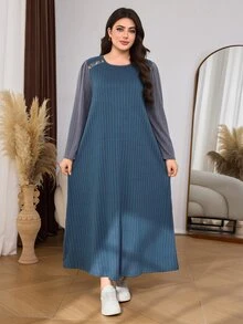 SHEIN Lacomfia Plus Size Women's Loose Casual A-Line Round Neck Long Sleeve Patchwork Ribbed Knit Long Dress, Autumn - Dusty Blue - View 1