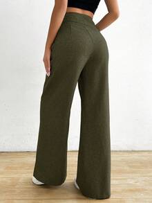 SHEIN Holidaya 女款休閒通勤不對稱腰寬腿長褲 - 軍綠色 - 查看 2