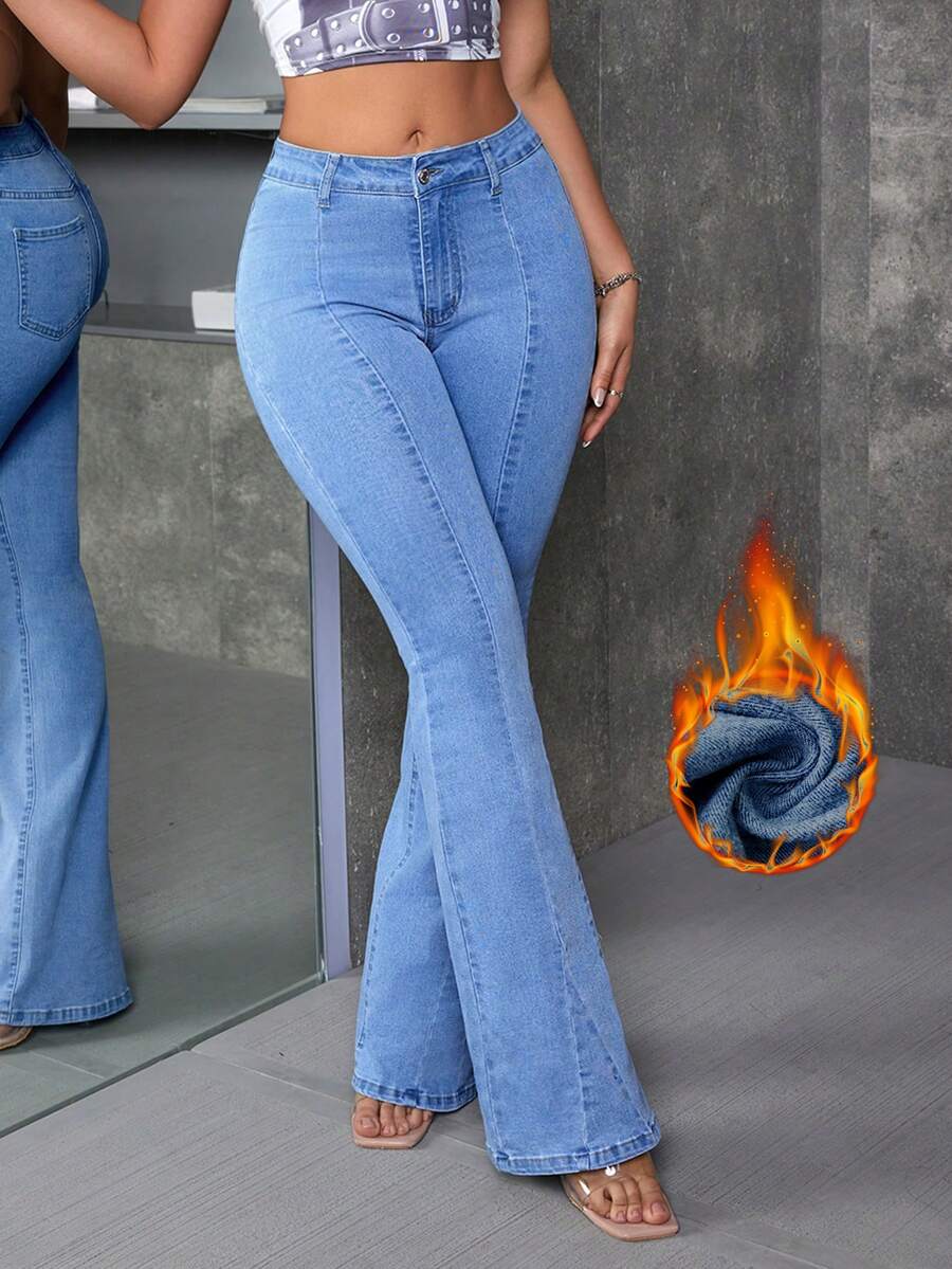 SHEIN Tall 女款休閒百搭水洗修身喇叭牛仔褲 - 淺色水洗藍 - 查看 1